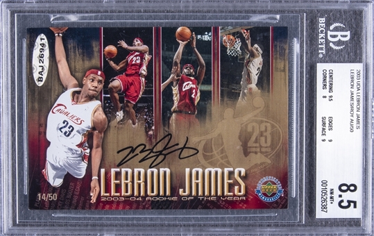 2003-04 UDA LeBron James "Rookie of the Year" Commemorative Signed Card (#14/50) – BGS NM-MT+ 8.5 "1 of 1!" – (UDA)